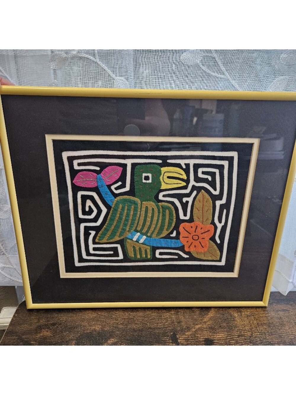 Vintage Kuna Mola Panama Framed Fabric Art Bird Flower